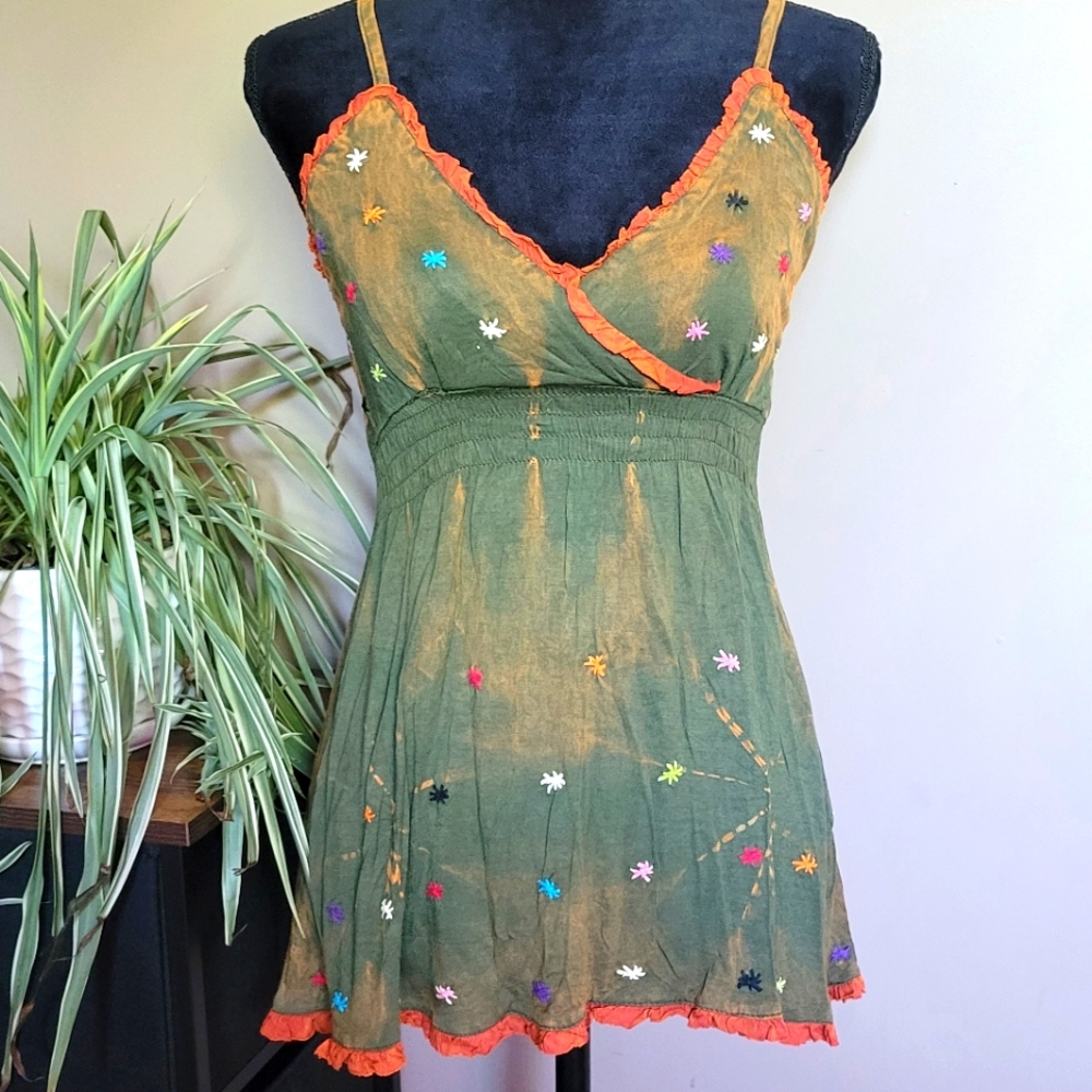 NWT Green Floral Embroidered Tank Top with Orange Trim